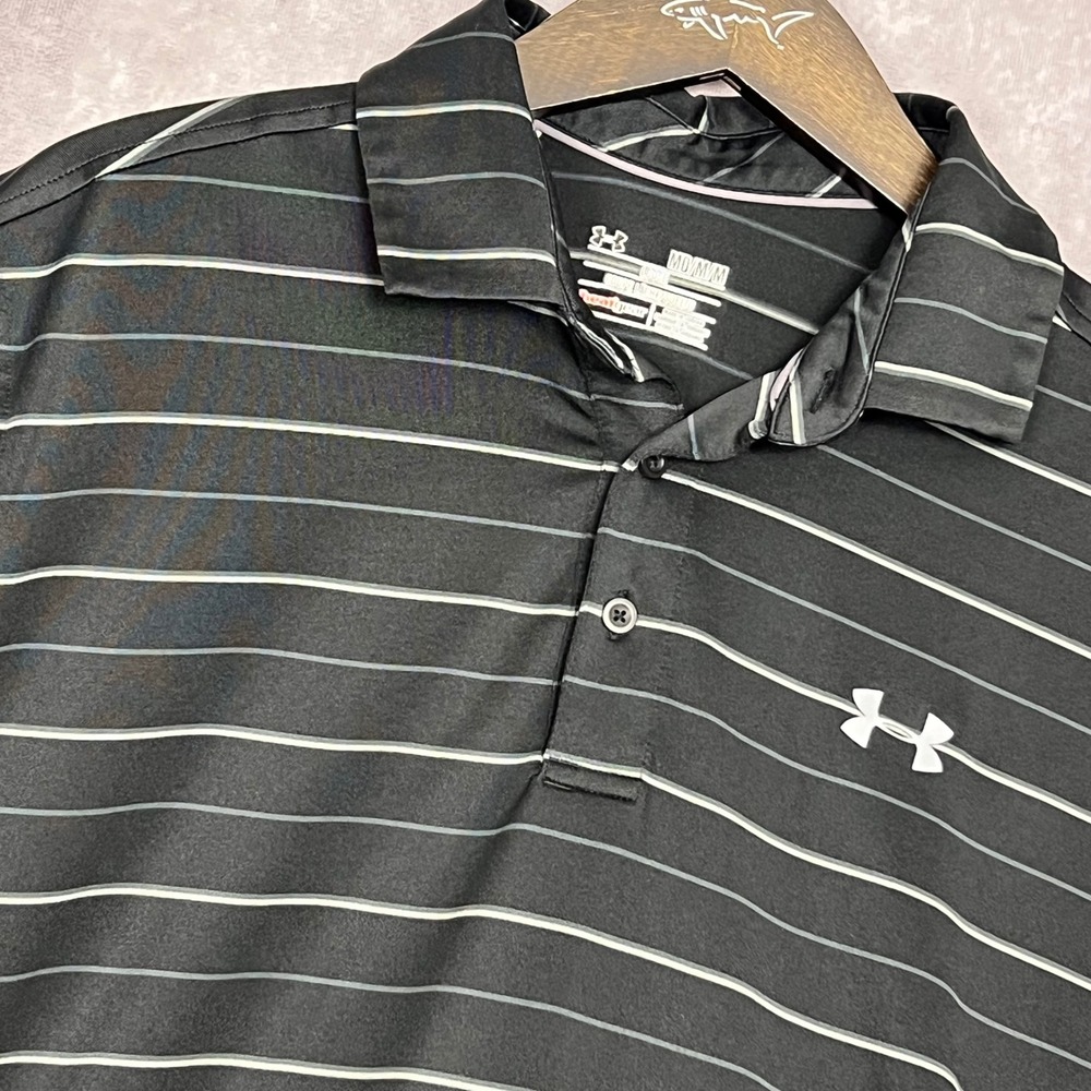 Under Armour Polo Shirt Mens Medium Black Striped Coldblack HeatGear 1287384-001 - Picture 1 of 10
